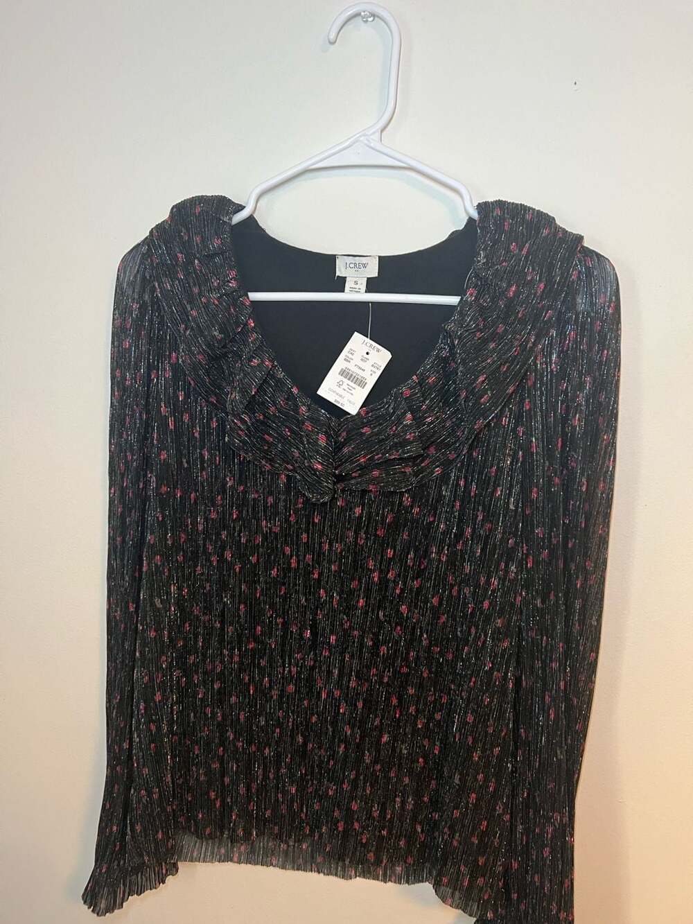 NWT J CREW SHIMMER LINED RUFFLE V-NECK LONG SLEEVE BLOUSE TOP XS Black Rose